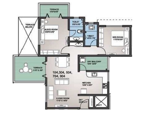 Floor plan of 2 BHK 770 Sq. Ft. Apartment in The Lifestile Chowhan Residency, Pune