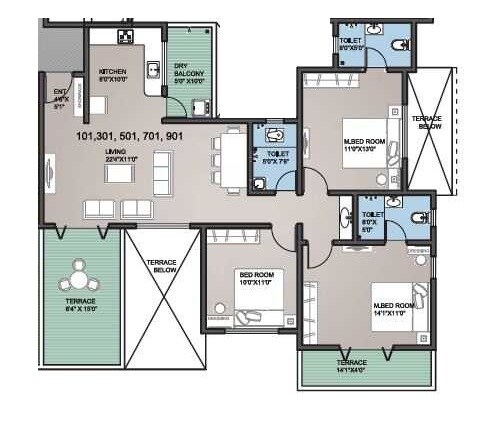 Floor plan of 3 BHK 1169 Sq. Ft. Apartment in The Lifestile Chowhan Residency, Pune