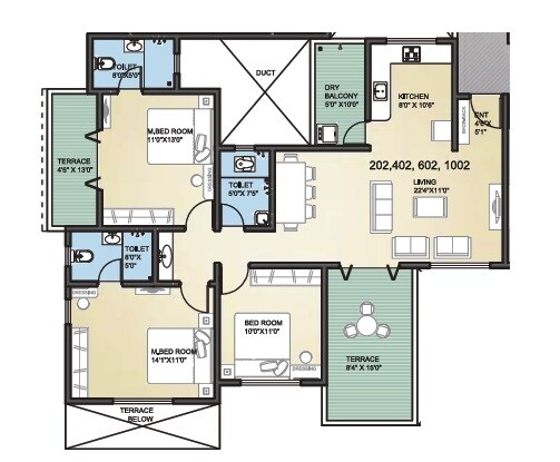 Floor plan of 3 BHK 1299 Sq. Ft. Apartment in The Lifestile Chowhan Residency, Pune