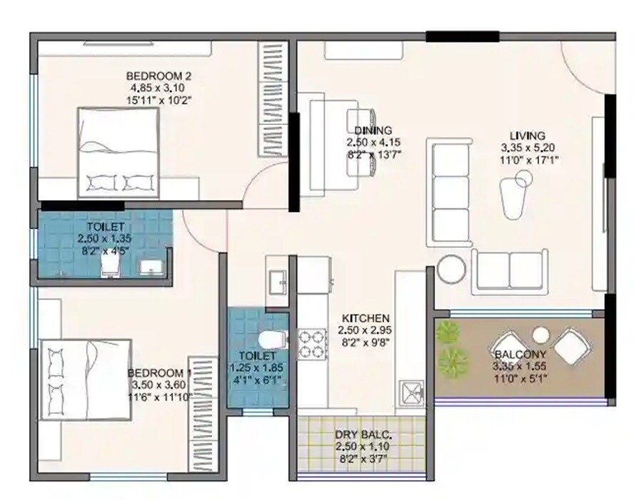 Floor plan of 2 BHK 895 Sq. Ft. Apartment in The Nest Anamay Apartments, Pune