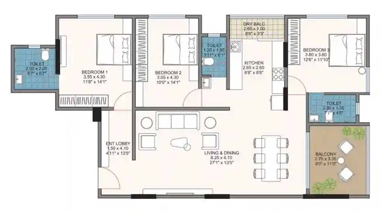 Floor plan of 3 BHK 1293 Sq. Ft. Apartment in The Nest Anamay Apartments, Pune