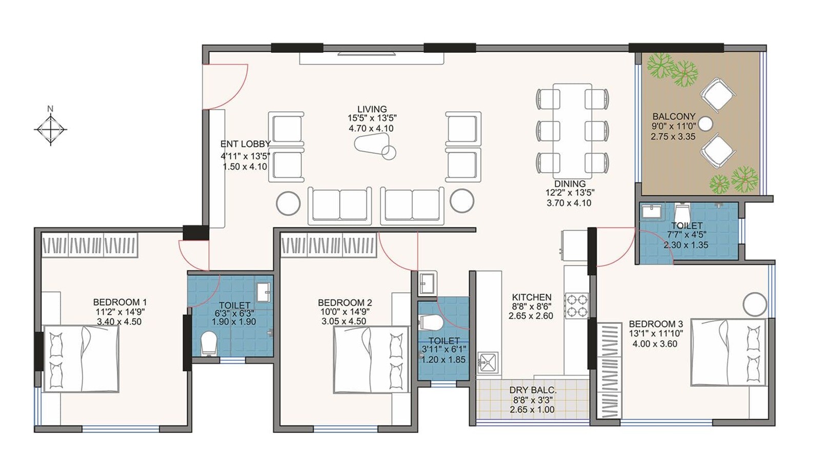 Floor plan of 3 BHK 1320 Sq. Ft. Apartment in The Nest Anamay Apartments, Pune