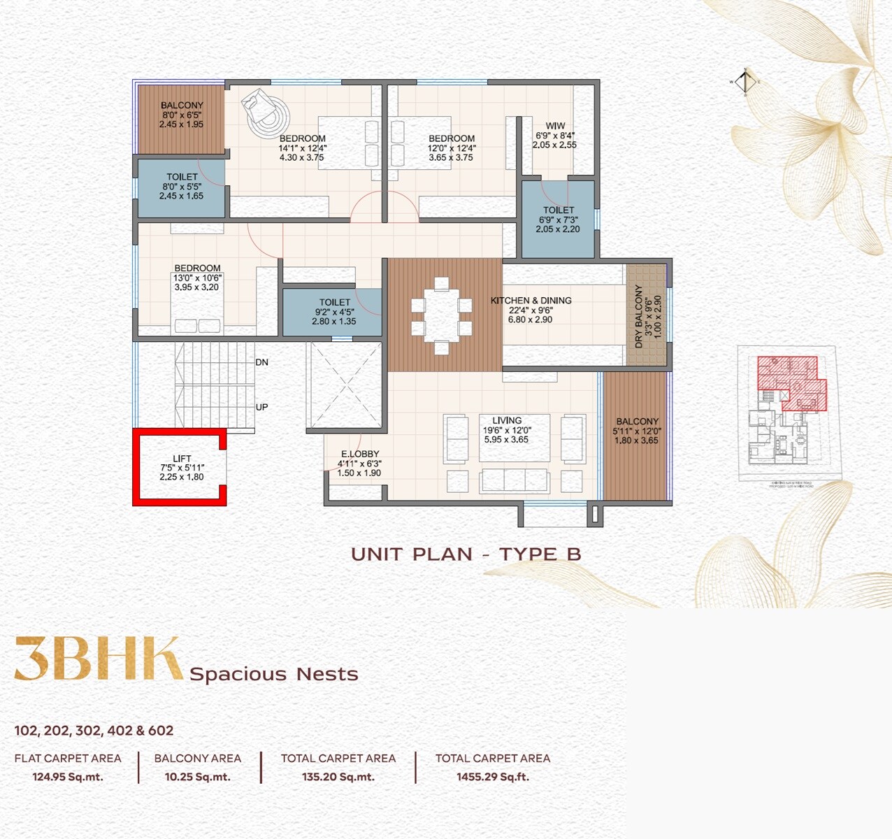 Floor plan of 3 BHK 1455 Sq. Ft. Apartment in The Nest Pakhar, Pune