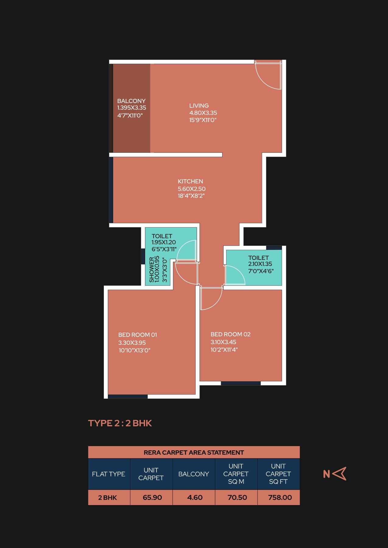 Floor plan of 2 BHK 758 Sq. Ft. Apartment in The Nest Reshma Heights, Pune