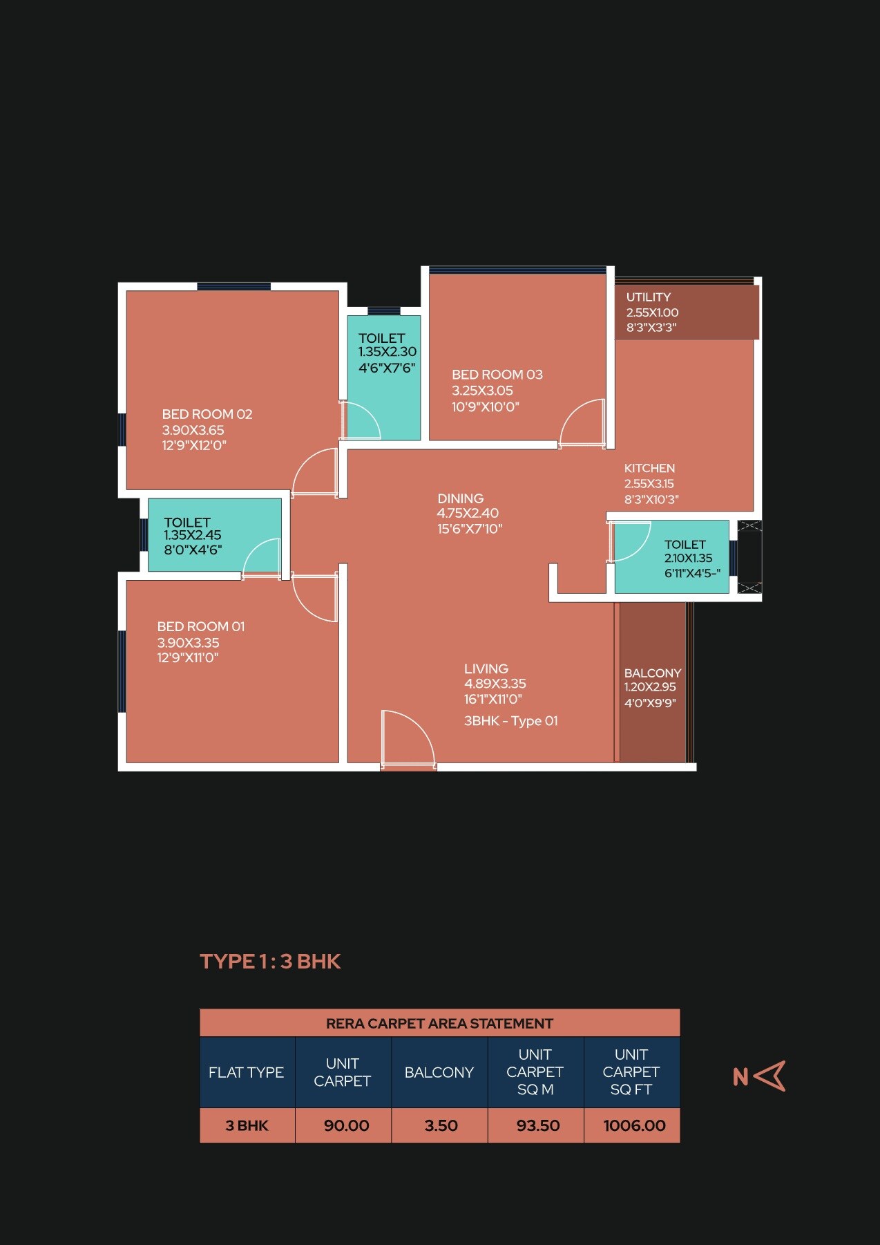 Floor plan of 3 BHK 1006 Sq. Ft. Apartment in The Nest Reshma Heights, Pune
