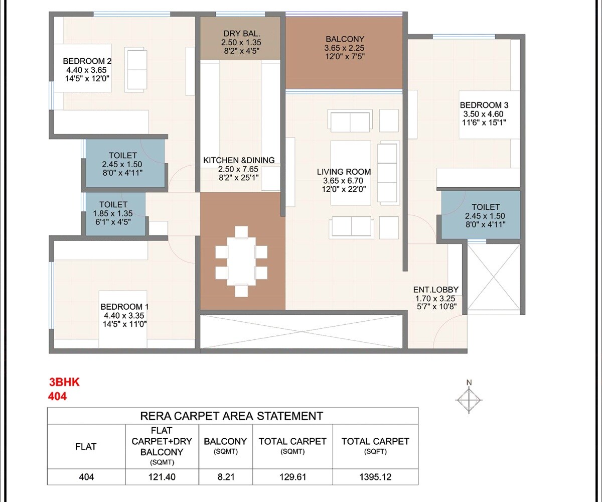 Floor plan of 3 BHK 1395 Sq. Ft. Apartment in The Nest Vibha CHS, Pune