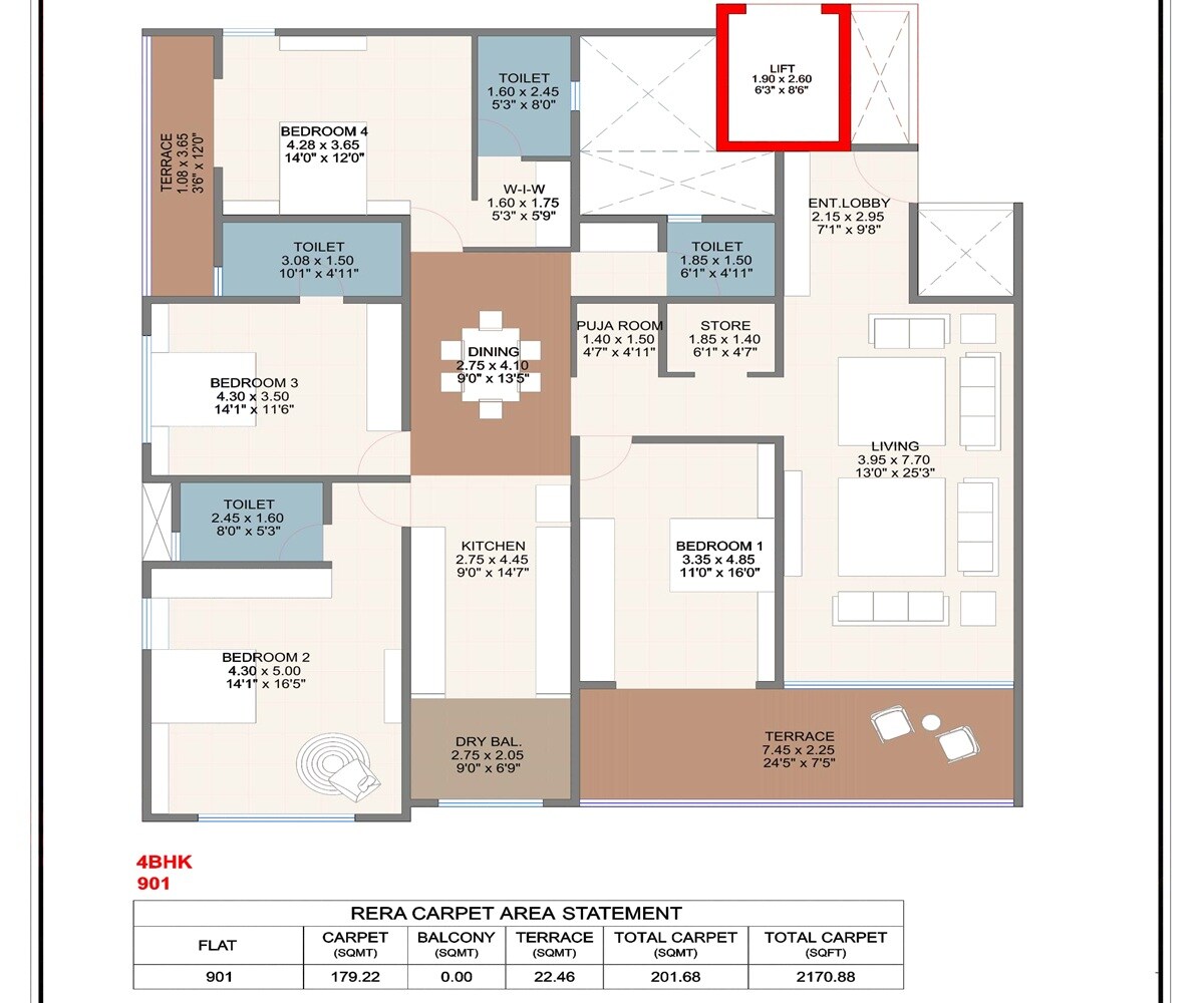 Floor plan of 4 BHK 2170 Sq. Ft. Apartment in The Nest Vibha CHS, Pune
