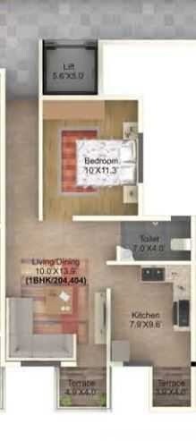 Floor plan of 1 BHK 425 Sq. Ft. Apartment in The Pristine Horizon Village Residency 3, Pune
