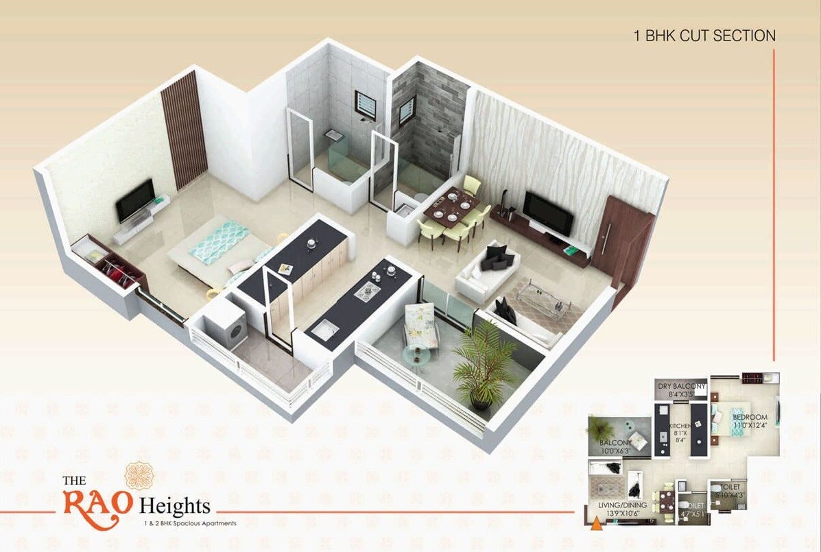 Floor plan of 1 BHK 573 Sq. Ft. Apartment in The Rao Heights, Pune
