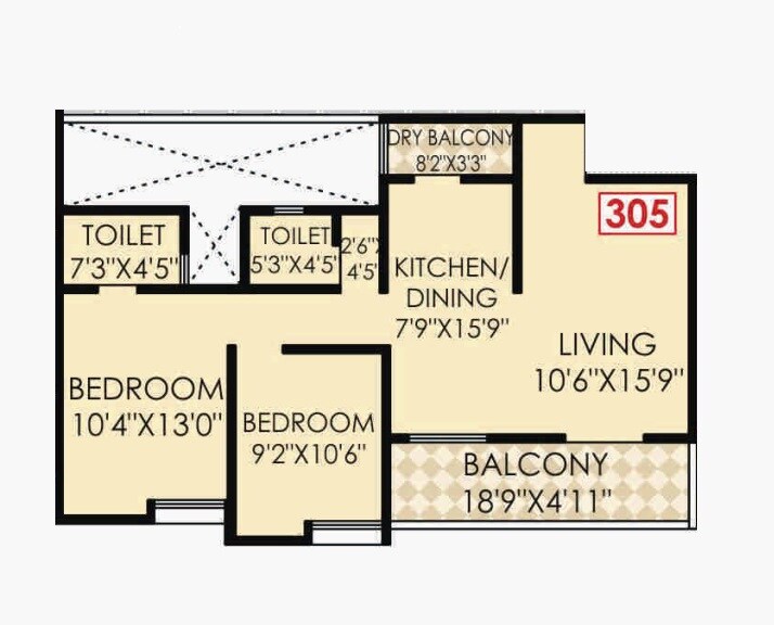 Floor plan of 2 BHK 831 Sq. Ft. Apartment in The Rao Heights, Pune