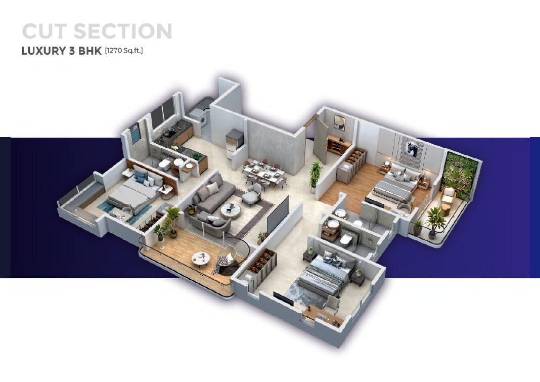 Floor plan of 3 BHK Apartment - 1270 sq. ft. in The Residenteur Rivanta, Pune