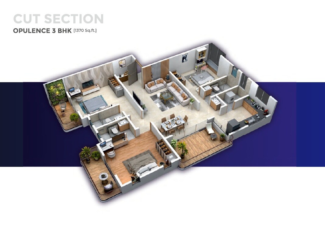 Floor plan of 3 BHK Apartment - 1370 sq. ft. in The Residenteur Rivanta, Pune