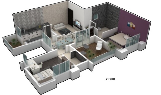 Floor plan of 2 BHK 542 Sq. Ft. Apartment in The Sacred Basil, Pune