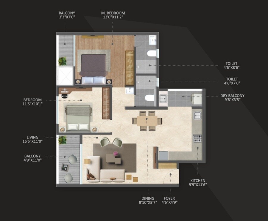 Floor plan of 2 BHK 881 Sq. Ft. Apartment in The Silver Altair, Pune