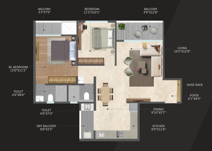 Floor plan of 2 BHK 921 Sq. Ft. Apartment in The Silver Altair, Pune