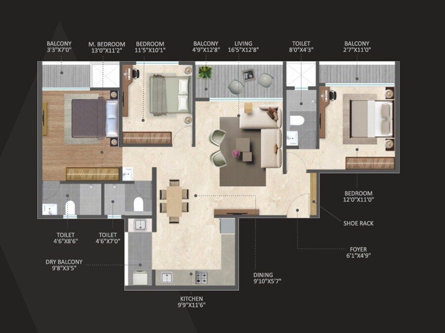 Floor plan of 3 BHK 1148 Sq. Ft. Apartment in The Silver Altair, Pune