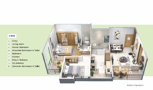 Floor plan of 2 BHK 636 Sq. Ft. Apartment in Tirupati Eternia, Pune