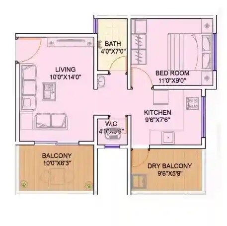 Floor plan of 1 BHK 488 Sq. Ft. Apartment in Tirupati Ira Icon, Pune