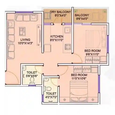 Floor plan of 2 BHK 676 Sq. Ft. Apartment in Tirupati Ira Icon, Pune