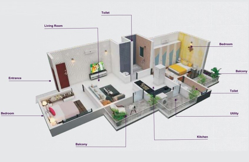 Floor plan of 2 BHK 665 Sq. Ft. Apartment in Tirupati Nakshatra, Pune
