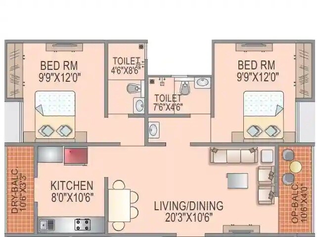 Floor plan of 2 BHK 709 Sq. Ft. Apartment in Tirupati Prakriti, Pune