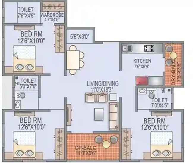 Floor plan of 3 BHK 890 Sq. Ft. Apartment in Tirupati Prakriti, Pune