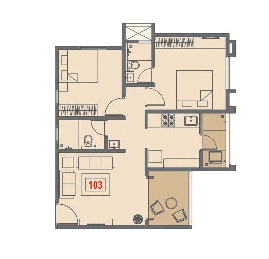 Floor plan of 2 BHK 692 Sq. Ft. Apartment in Tirupati Regalia, Pune