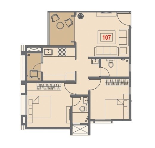 Floor plan of 2 BHK 757 Sq. Ft. Apartment in Tirupati Regalia, Pune