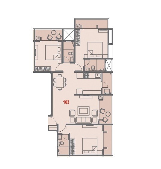Floor plan of 3 BHK 1052 Sq. Ft. Apartment in Tirupati Regalia, Pune