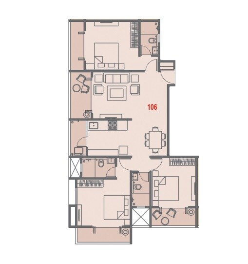 Floor plan of 3 BHK 1011 Sq. Ft. Apartment in Tirupati Regalia, Pune