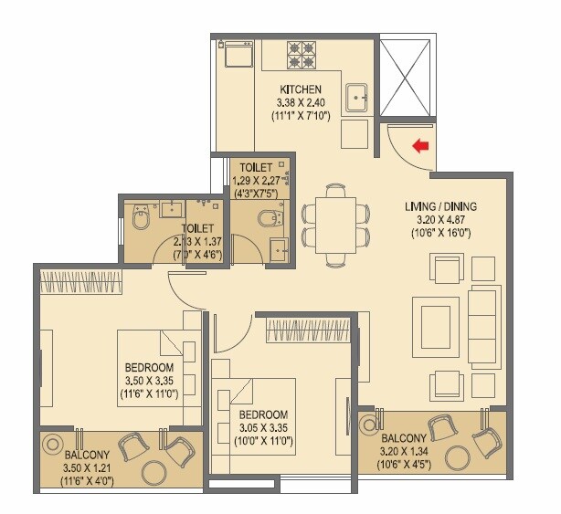 Floor plan of 2 BHK 669 Sq. Ft. Apartment in Tirupati Regalia Phase 2, Pune