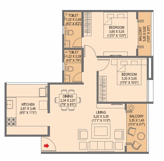Floor plan of 2 BHK 692 Sq. Ft. Apartment in Tirupati Regalia Phase 2, Pune
