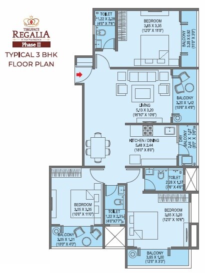 Floor plan of 3 BHK 726 Sq. Ft. Apartment in Tirupati Regalia Phase 2, Pune