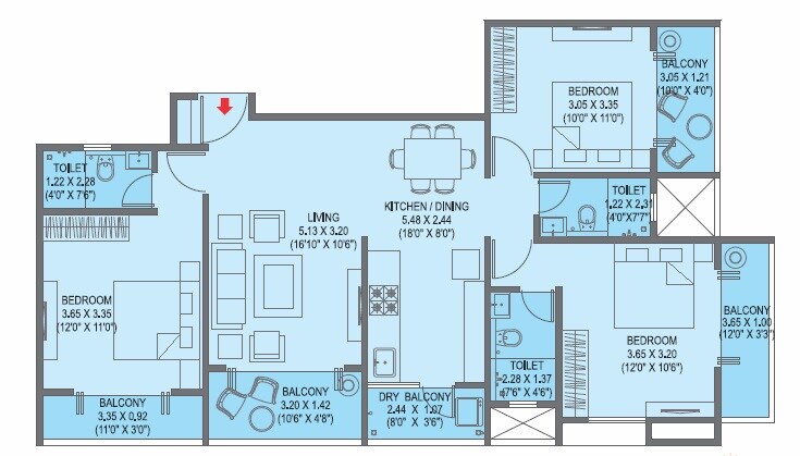 Floor plan of 3 BHK 889 Sq. Ft. Apartment in Tirupati Regalia Phase 2, Pune