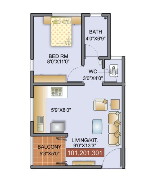 Floor plan of 1 BHK 349 Sq. Ft. Apartment in Tirupati Shree, Pune