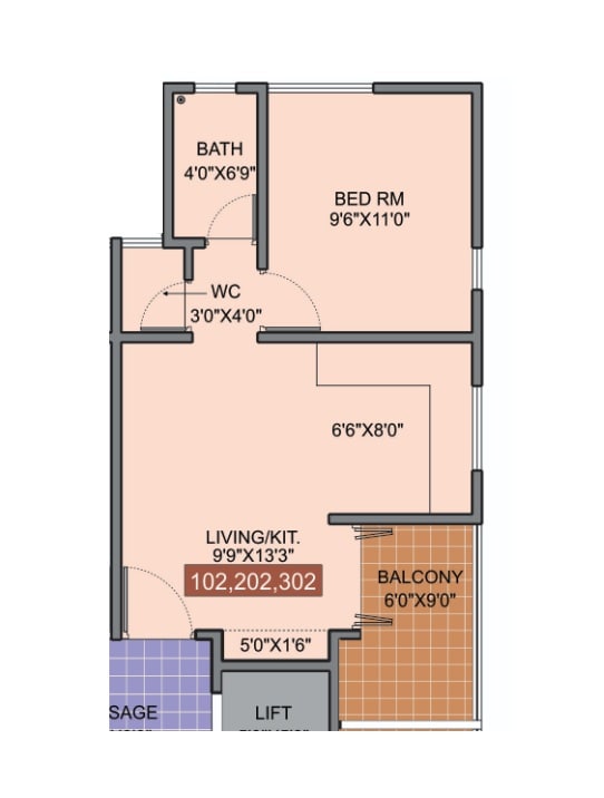 Floor plan of 1 BHK 418 Sq. Ft. Apartment in Tirupati Shree, Pune