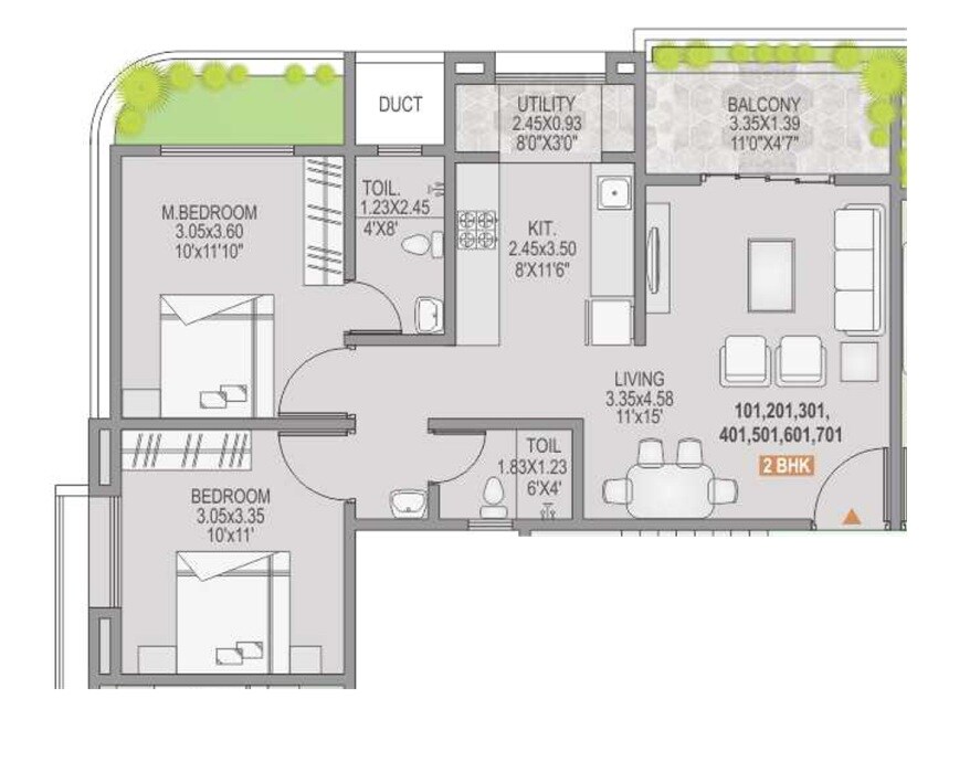 Floor plan of 2 BHK 705 Sq. Ft. Apartment in Tirupati Swapnashilp, Pune