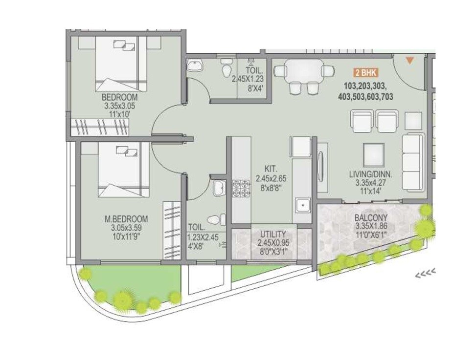 Floor plan of 2 BHK 715 Sq. Ft. Apartment in Tirupati Swapnashilp, Pune
