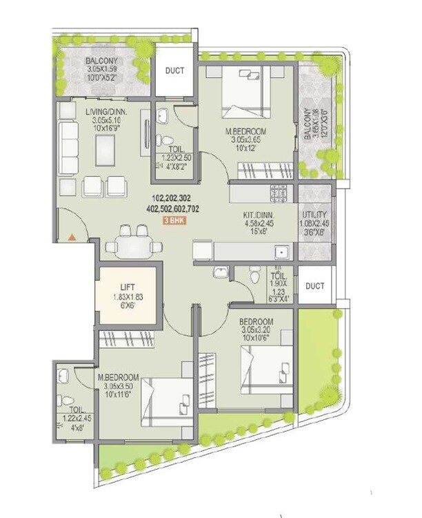 Floor plan of 3 BHK 924 Sq. Ft. Apartment in Tirupati Swapnashilp, Pune