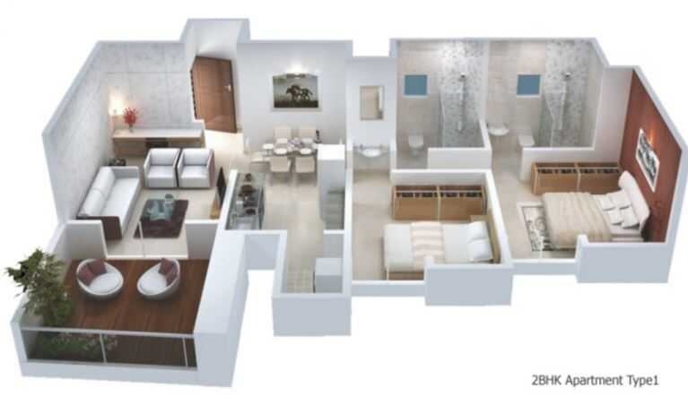 Floor plan of 2 BHK 890 Sq. Ft. Apartment in Tirupati Vasantam, Pune