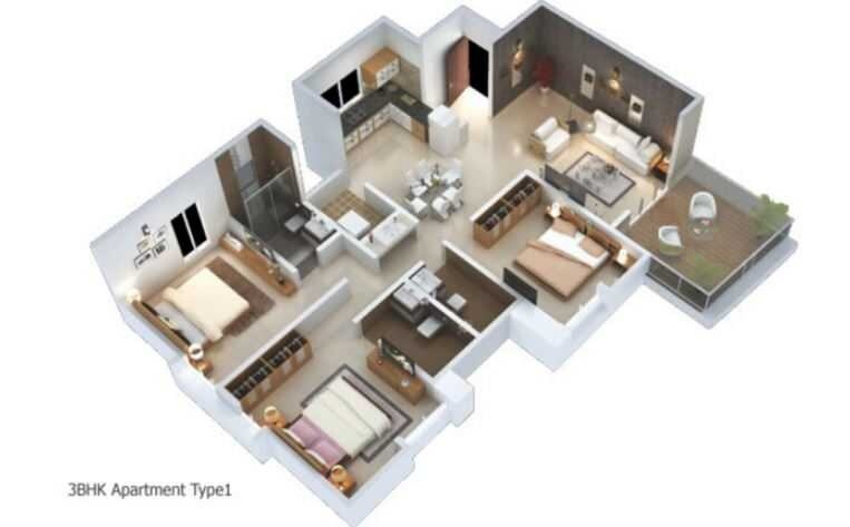 Floor plan of 3 BHK 1550 Sq. Ft. Apartment in Tirupati Vasantam, Pune