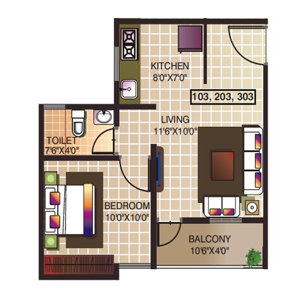 Floor plan of 1 BHK 527 Sq. Ft. Apartment in Top Five Silver Streams, Pune