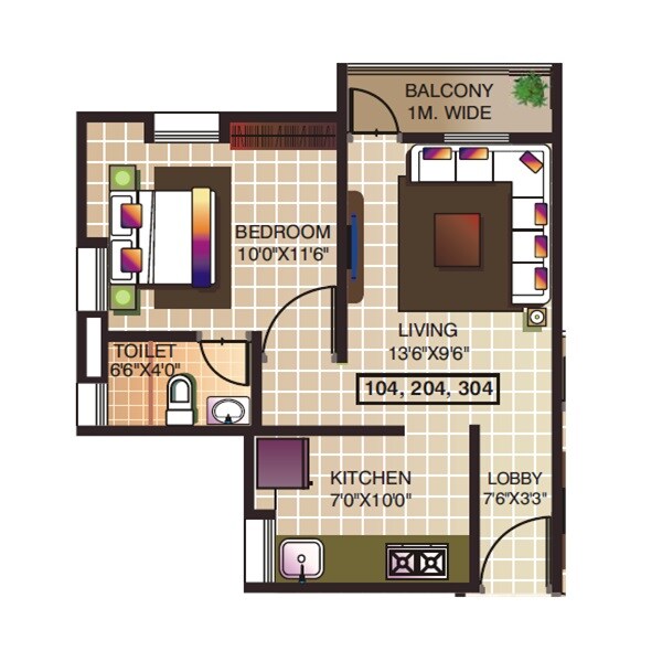 Floor plan of 1 BHK 582 Sq. Ft. Apartment in Top Five Silver Streams, Pune