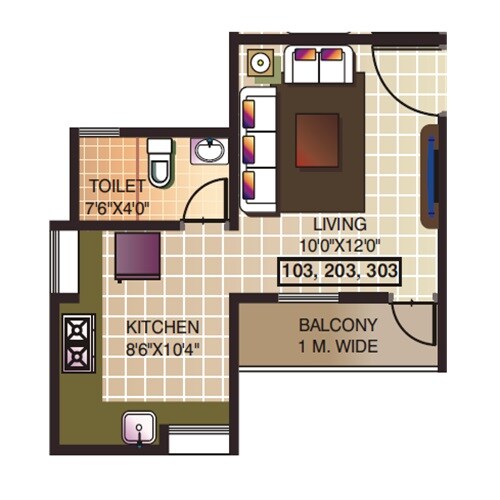 Floor plan of 388 Sq. Ft. Studio in Top Five Silver Streams, Pune