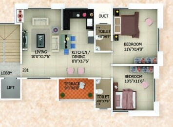 Floor plan of 2 BHK 1140 Sq. Ft. Apartment in Townscape Hriday, Pune