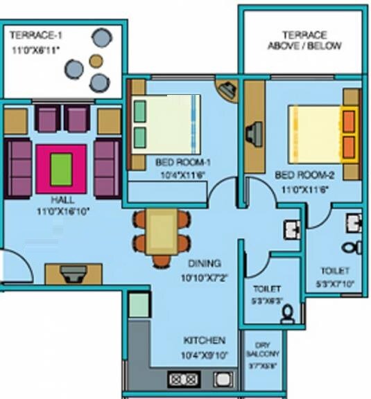 Floor plan of 2 BHK 1200 Sq. Ft. Apartment in Townscape Mithila Nagari, Pune