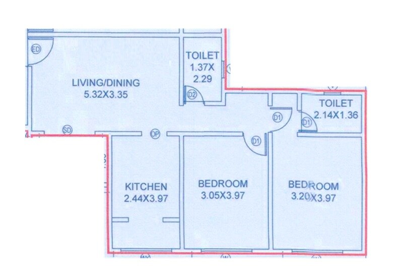 Floor plan of 2 BHK 770 Sq. Ft. Apartment in Tranquil Belview, Pune