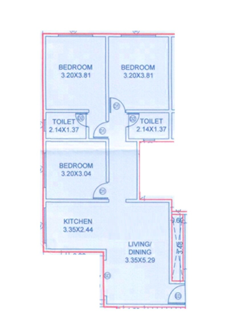 Floor plan of 3 BHK 889 Sq. Ft. Apartment in Tranquil Belview, Pune