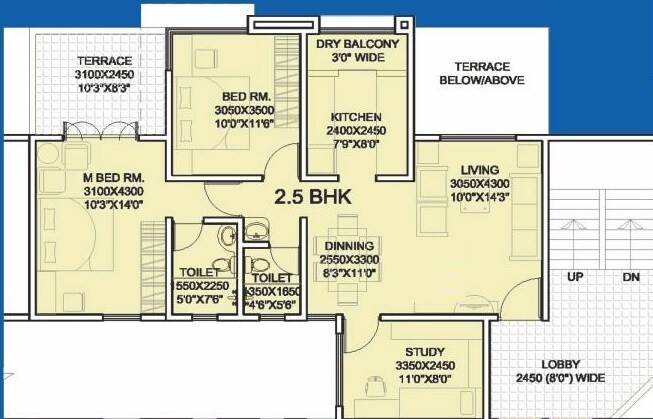 Floor plan of 2 BHK 907 Sq. Ft. Apartment in Treemount Apartment, Pune