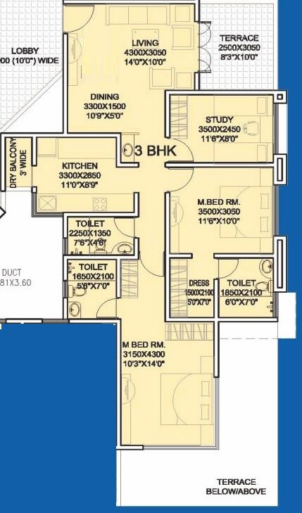 Floor plan of 3 BHK 1158 Sq. Ft. Apartment in Treemount Apartment, Pune